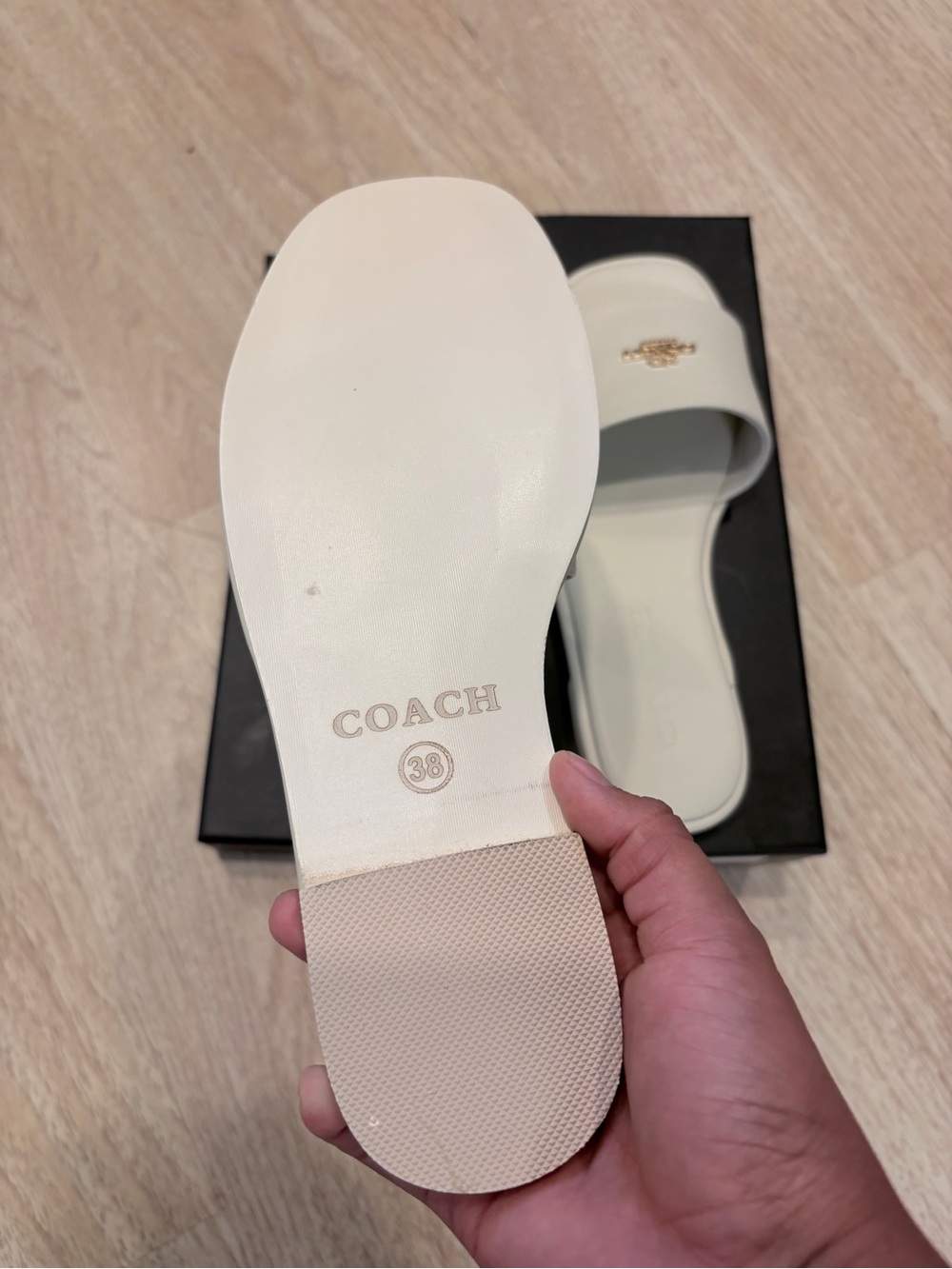 Coach Ivory Leather Slide Sandals with Gold Tone Logo - Picture 3 of 3